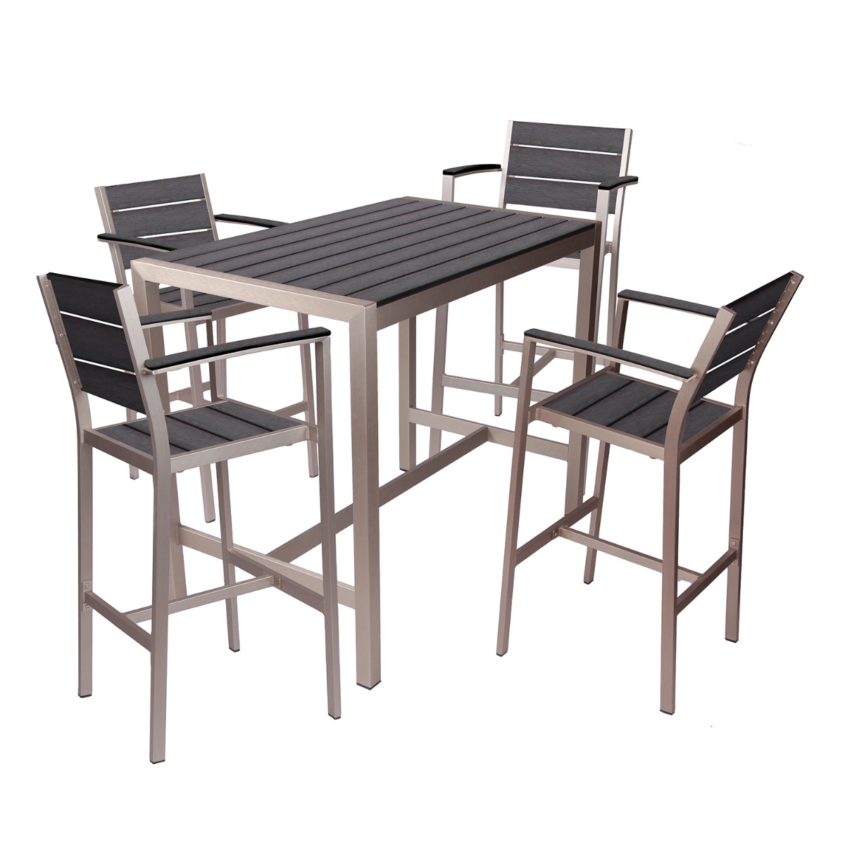Aluminum Frame Outdoor Arm Restaurant Bar Stool With Black Synthetic Teak Slats - Image 2