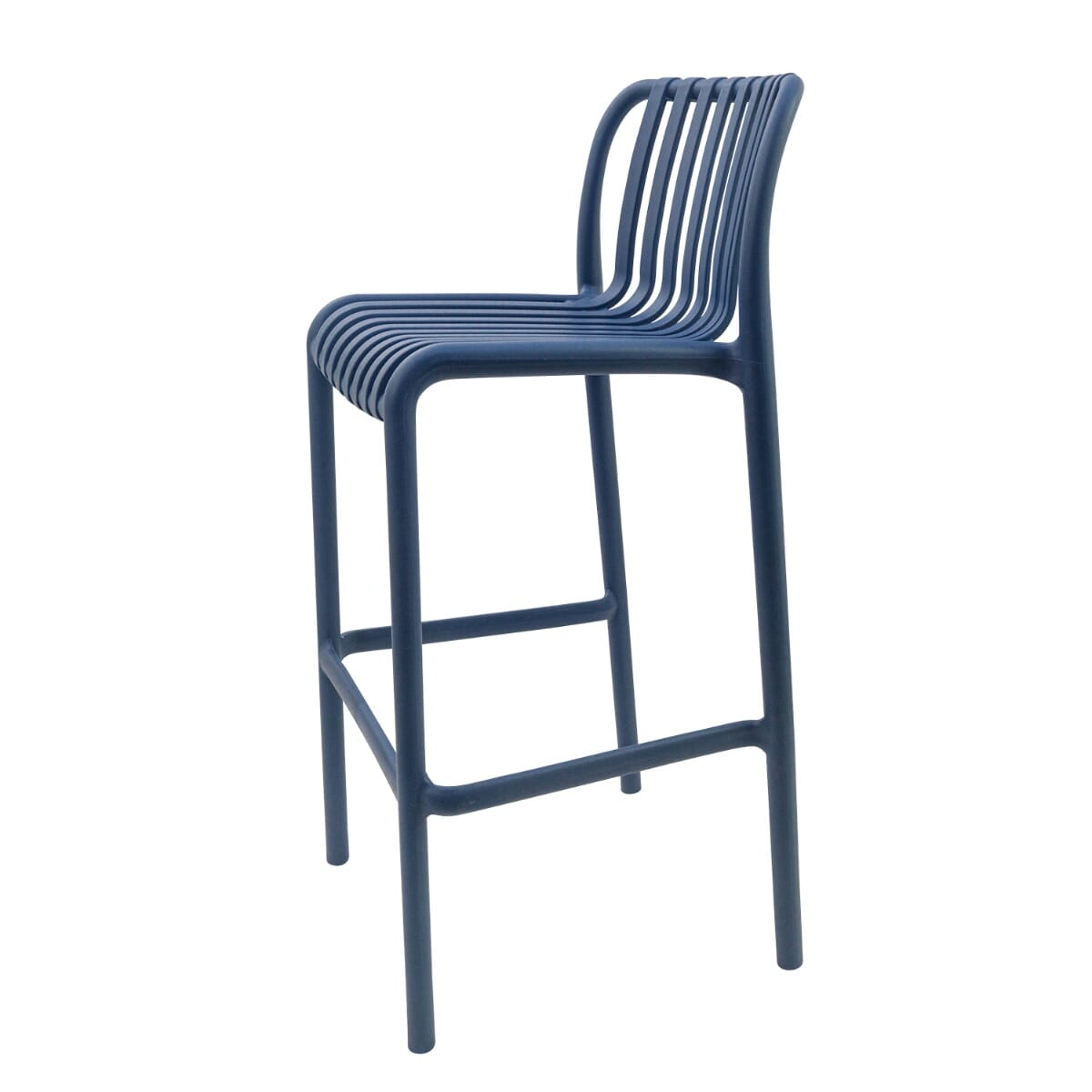Stackable Indoor/Outdoor Resin Bar Stool With Striped Seat and Back in Blue - Image 4