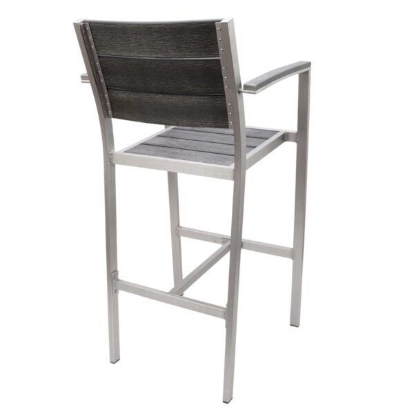 Aluminum Frame Outdoor Arm Restaurant Bar Stool With Pewter Synthetic Teak Slats - Image 2