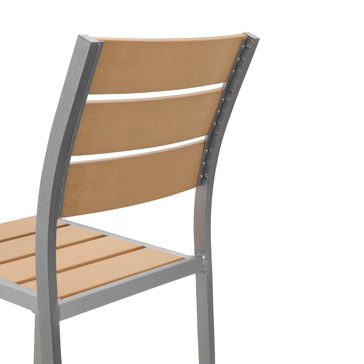 Brushed Aluminum Frame Stackable Outdoor Restaurant Chair With Tan Synthetic Teak Slats - Image 3