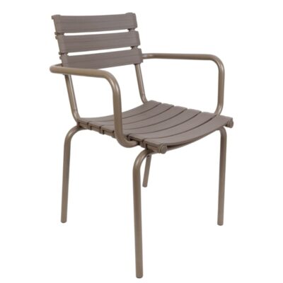 Stackable Restaurant Arm Chair with Molded Resin Seat and Back in Tan