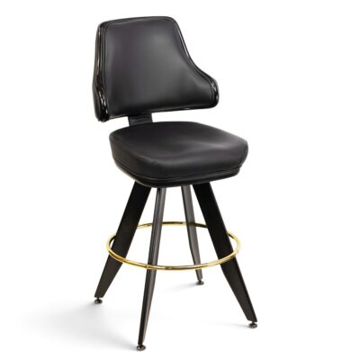 Classic Casino-Style Bucket Bar Stool with Angled Black Frame and Black Vinyl