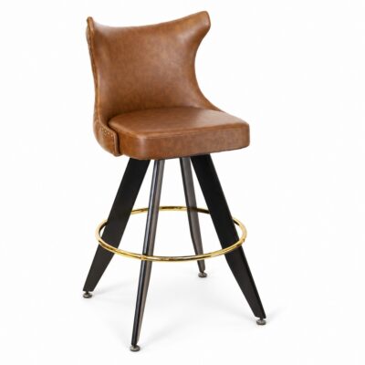 Tufted-Back Bucket Bar Stool with Angled Black Frame and Metal Footrest