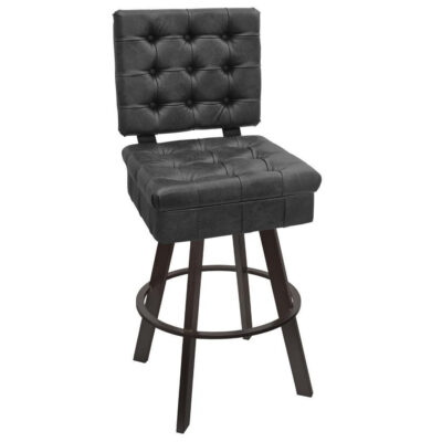 Tufted Vinyl Bucket-Style Swivel Bar Stool with Black Steel Base